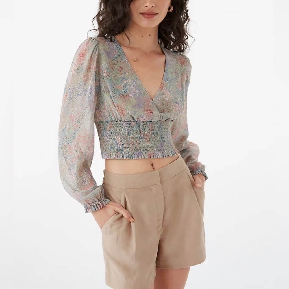 Aritzia Pastel Floral Smocked Waist V-Neck Blouse